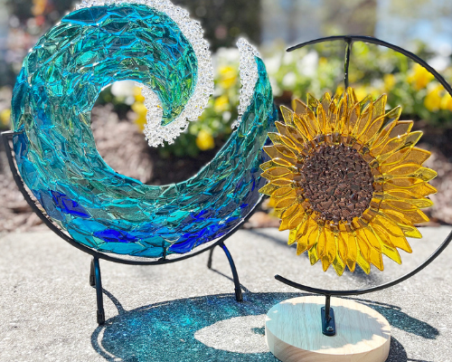 fused glass suncatchers, MBat Glass, Wilmington, handmade, sunflower suncatcher, ocean wave glasswork